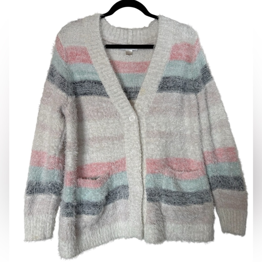 CJ Banks Pastel Striped Eyelash Fabric V-Neck Cardigan